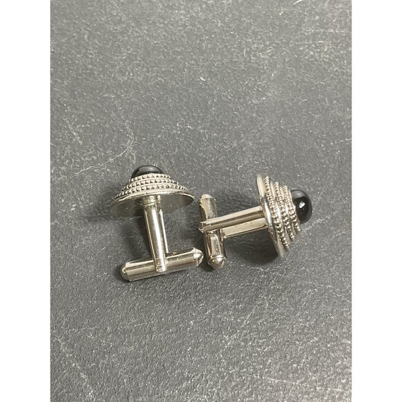 Silver Tone Black Onyx Round Cufflinks - Picture 2 of 4